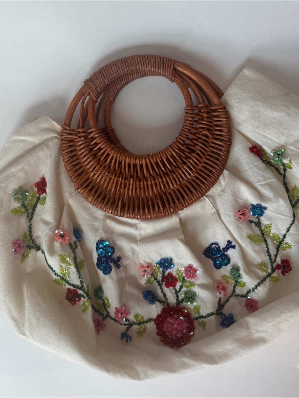 Wicker Handle Embroidered Sequin Floral Linen Tote Handbag Boho Cottagecore